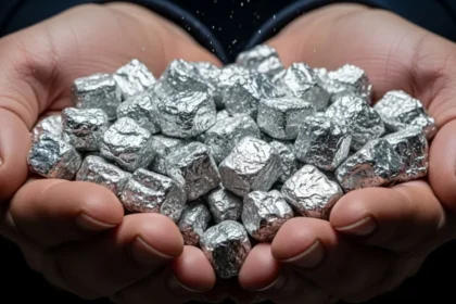 Mãos segurando vários blocos metálicos prateados e irregulares, representando o elemento Califórnio-252 em estado bruto.