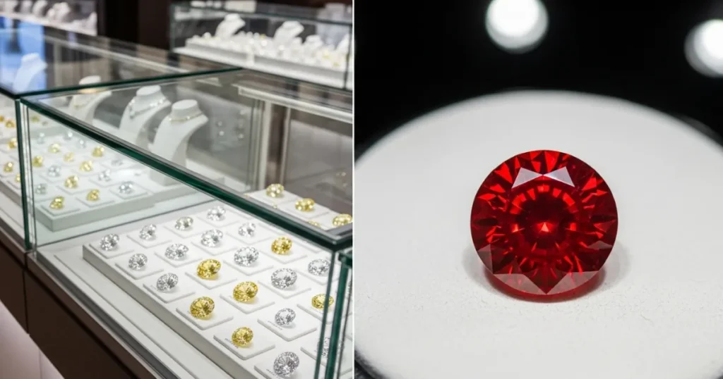 Imagem dividida: à esquerda, vitrine de joalheria com diversos diamantes brancos e amarelos; à direita, close de um diamante vermelho raro exposto individualmente sob luz.