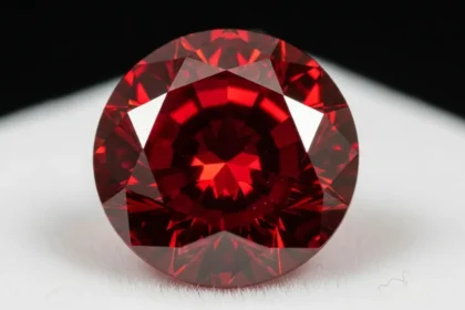 Diamante vermelho lapidado em corte brilhante redondo, com brilho intenso e reflexos profundos, sobre superfície branca com fundo preto.