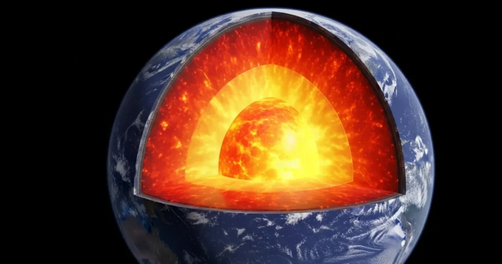 Corte transversal realista da Terra mostrando camadas internas: crosta, manto, núcleo externo líquido e núcleo interno sólido, com gradientes de cor térmica e texturas geológicas detalhadas.