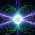 Representação científica de uma magnetar em atividade no espaço, com linhas de campo magnético verdes e jatos de energia violeta saindo do núcleo brilhante.
