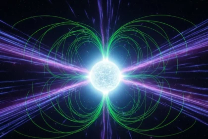 Representação científica de uma magnetar em atividade no espaço, com linhas de campo magnético verdes e jatos de energia violeta saindo do núcleo brilhante.