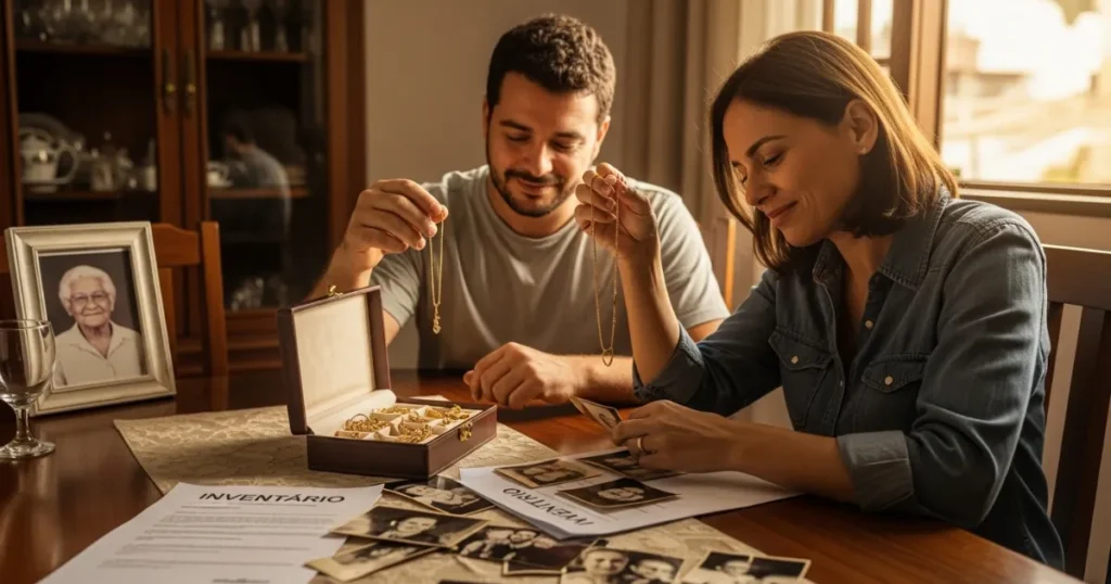 Casal sentado à mesa analisando joias de ouro herdadas, com documentos de inventário e fotos antigas sobre a mesa. Um porta-retrato com foto de uma senhora idosa está ao lado.