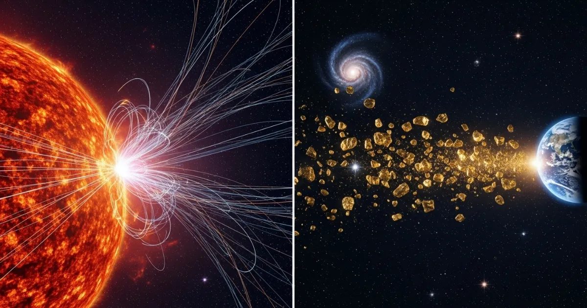 Imagem dividida em duas partes: à esquerda, uma estrela massiva com explosões e linhas de campo magnético; à direita, partículas de ouro viajando pelo espaço em direção à Terra, com uma galáxia ao fundo.