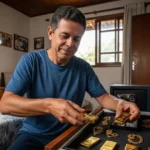 Homem sorridente sentado ao lado de uma cama, em um quarto com decoração familiar, segurando barras de ouro dentro de uma gaveta com joias. Há um cofre ao fundo e várias fotos de família ao redor, homen guardando ouro em casa.