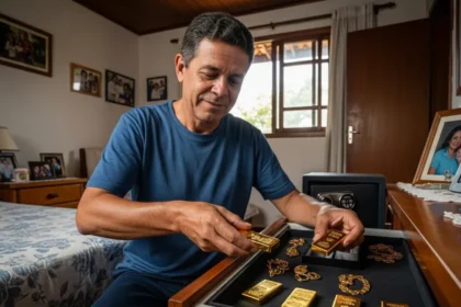 Homem sorridente sentado ao lado de uma cama, em um quarto com decoração familiar, segurando barras de ouro dentro de uma gaveta com joias. Há um cofre ao fundo e várias fotos de família ao redor, homen guardando ouro em casa.