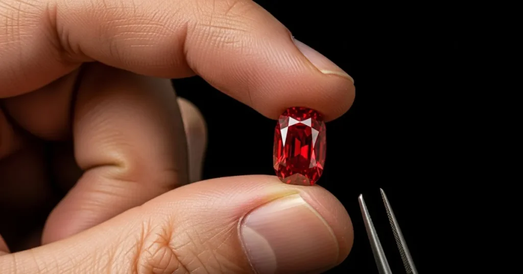 Mão humana segurando delicadamente um diamante vermelho lapidado em formato retangular, com fundo preto e pinça metálica ao lado.