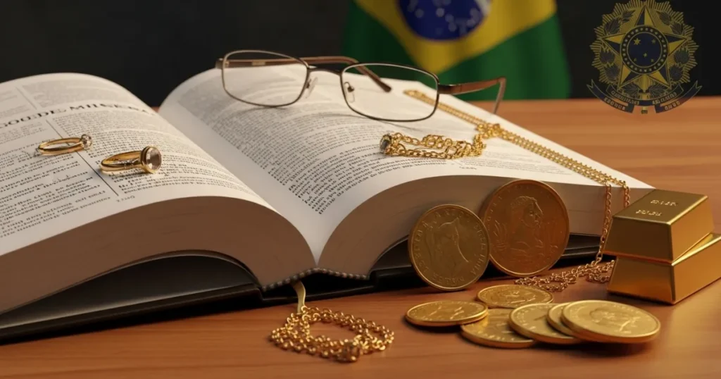 Livro de leis aberto com óculos, joias e moedas de ouro sobre ele. Ao fundo, a bandeira do Brasil e o brasão da República. Há também barras de ouro sobre a mesa.