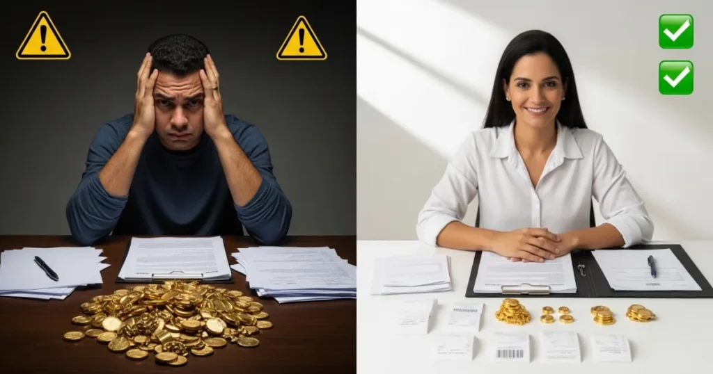 Imagem dividida ao meio. À esquerda, um homem preocupado com a cabeça entre as mãos diante de uma pilha de moedas de ouro e papéis desorganizados, com ícones de alerta. À direita, uma mulher sorridente com documentos organizados, comprovantes e moedas de ouro, com ícones de confirmação verde.