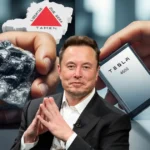 Elon Musk diante de uma rocha com terras raras e uma bateria Tesla 4680, com o mapa de Minas Gerais ao fundo.