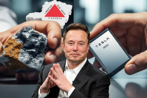Elon Musk diante de uma rocha com terras raras e uma bateria Tesla 4680, com o mapa de Minas Gerais ao fundo.