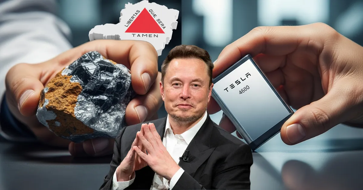 Elon Musk diante de uma rocha com terras raras e uma bateria Tesla 4680, com o mapa de Minas Gerais ao fundo.