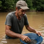 Imagem que retrata as condições de trabalho no Garimpo de Ouro, mostrando um garimpeiro concentrado em sua bateia em meio a um rio.