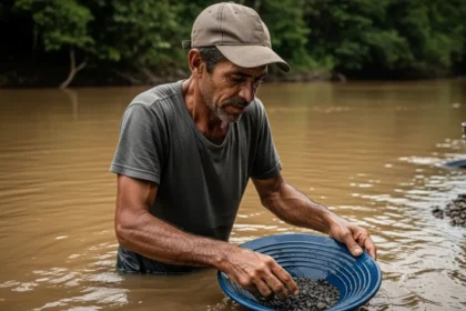 Imagem que retrata as condições de trabalho no Garimpo de Ouro, mostrando um garimpeiro concentrado em sua bateia em meio a um rio.