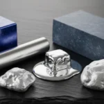 Uma coleção de metais raros em diferentes formatos, incluindo um cubo azul, um cilindro e pepitas prateadas, e um cubo de metal prateado derretendo sobre uma superfície de ardósia escura. Metais Raros