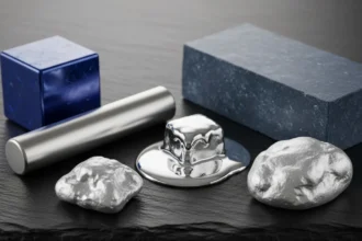 Uma coleção de metais raros em diferentes formatos, incluindo um cubo azul, um cilindro e pepitas prateadas, e um cubo de metal prateado derretendo sobre uma superfície de ardósia escura. Metais Raros