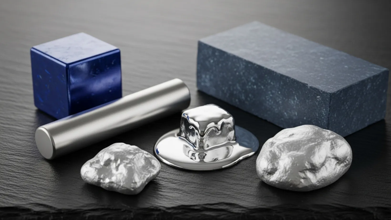 Uma coleção de metais raros em diferentes formatos, incluindo um cubo azul, um cilindro e pepitas prateadas, e um cubo de metal prateado derretendo sobre uma superfície de ardósia escura. Metais Raros