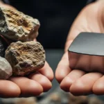 Mãos segurando rochas brutas com minerais e um bloco metálico refinado, simbolizando a transformação dos elementos de terras raras.