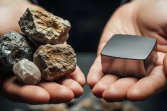 Mãos segurando rochas brutas com minerais e um bloco metálico refinado, simbolizando a transformação dos elementos de terras raras.