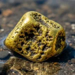 Uma única pepita de ouro de formato irregular e cor amarela intensa, parcialmente submersa na água sobre um fundo de areia e seixos.Pedra de Ouro na Natureza