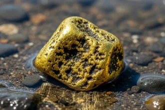 Uma única pepita de ouro de formato irregular e cor amarela intensa, parcialmente submersa na água sobre um fundo de areia e seixos.Pedra de Ouro na Natureza