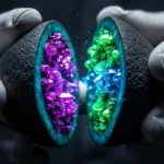Mãos com luvas segurando um mineral negro aberto ao meio, revelando cristais coloridos brilhantes nas cores roxa, verde e azul simbolizando as Terras Raras no Brasil.