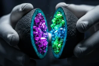 Mãos com luvas segurando um mineral negro aberto ao meio, revelando cristais coloridos brilhantes nas cores roxa, verde e azul simbolizando as Terras Raras no Brasil.