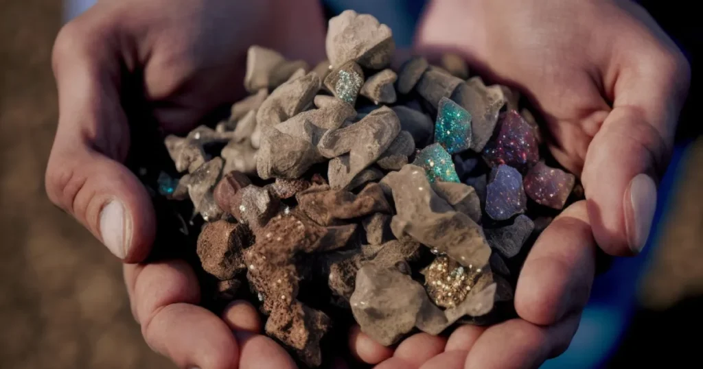 Mãos segurando pedras brutas com cristais coloridos brilhantes, representando minerais raros.