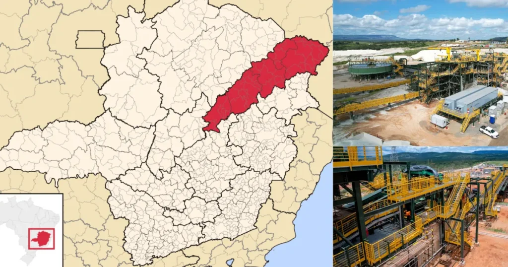 Mapa destacando o Vale do Jequitinhonha em Minas Gerais e imagens de uma planta de mineração moderna na região.
