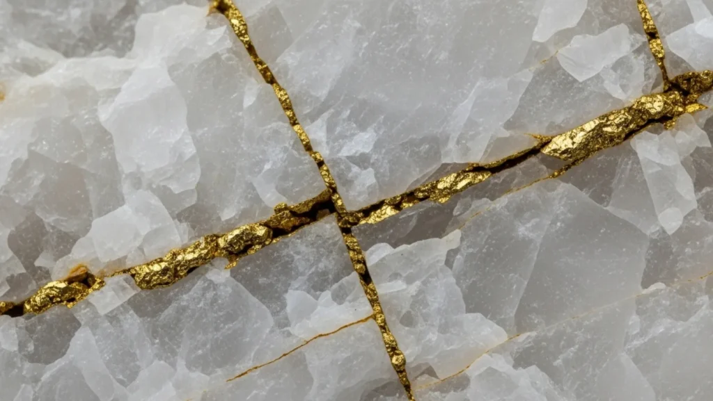 Fotografia macro de veios de ouro bruto e texturizado preenchendo as fissuras de uma rocha de quartzo branco translúcido.