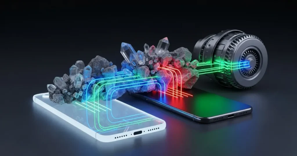 Ilustração digital representando a condução de energia entre smartphones, pedras com cristais e um motor, simbolizando o uso de elementos químicos de terras raras em tecnologia.