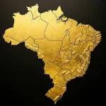 Mapa do Brasil em textura dourada com relevo visível e divisão dos estados, sobre um fundo preto elegante e sem texto.