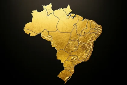 Mapa do Brasil em textura dourada com relevo visível e divisão dos estados, sobre um fundo preto elegante e sem texto.