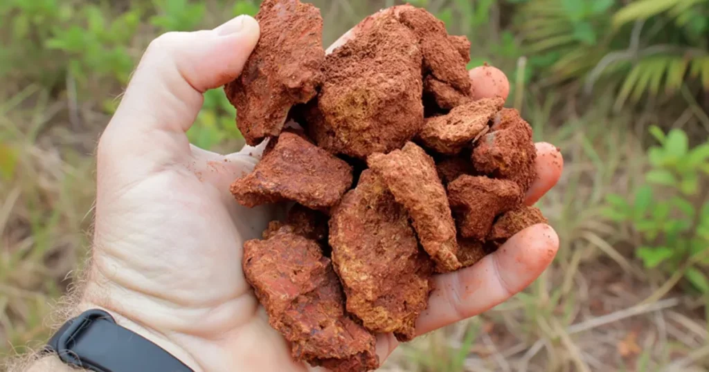 Uma imagem de Jazida de Bauxita, com seu aspecto terroso e avermelhado.