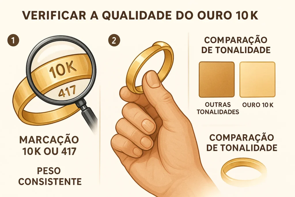 Tabela simples comparando ouro 10k e 18k em pureza, resistência, custo e uso ideal.