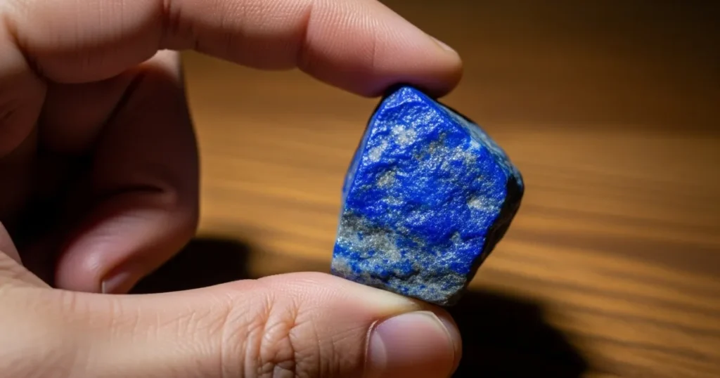 Lápis-lazúli em estado natural segurado entre os dedos