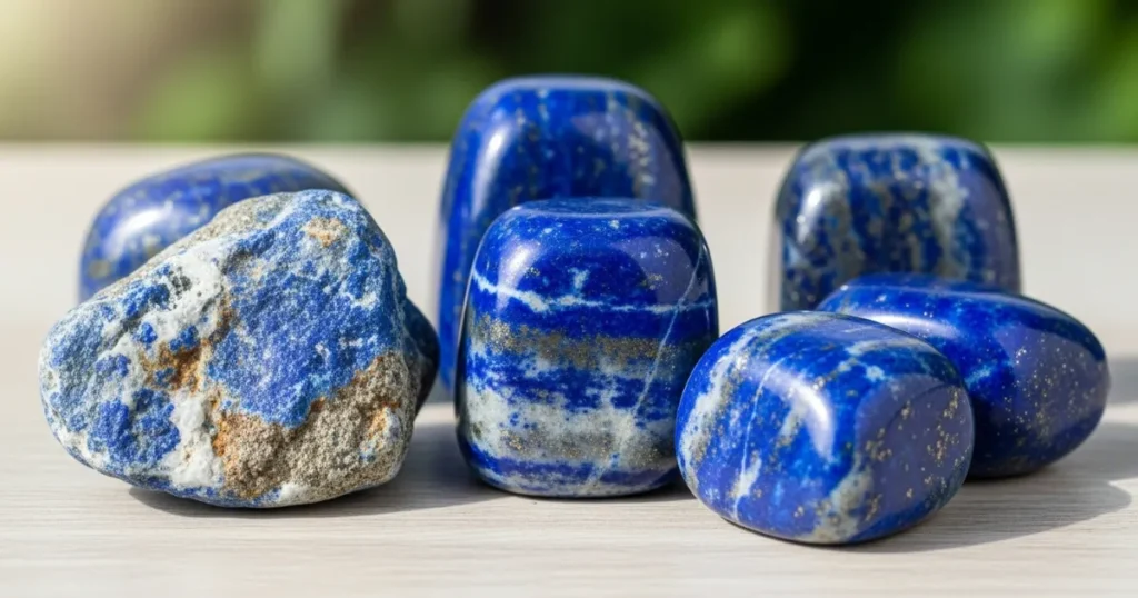 O que é lápis-lazúli: bloco bruto azul com calcita e pirita