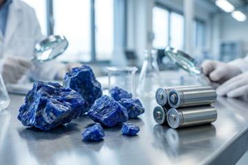 Amostras de minério de cobalto azul ao lado de células de bateria de veículo elétrico em laboratório industrial