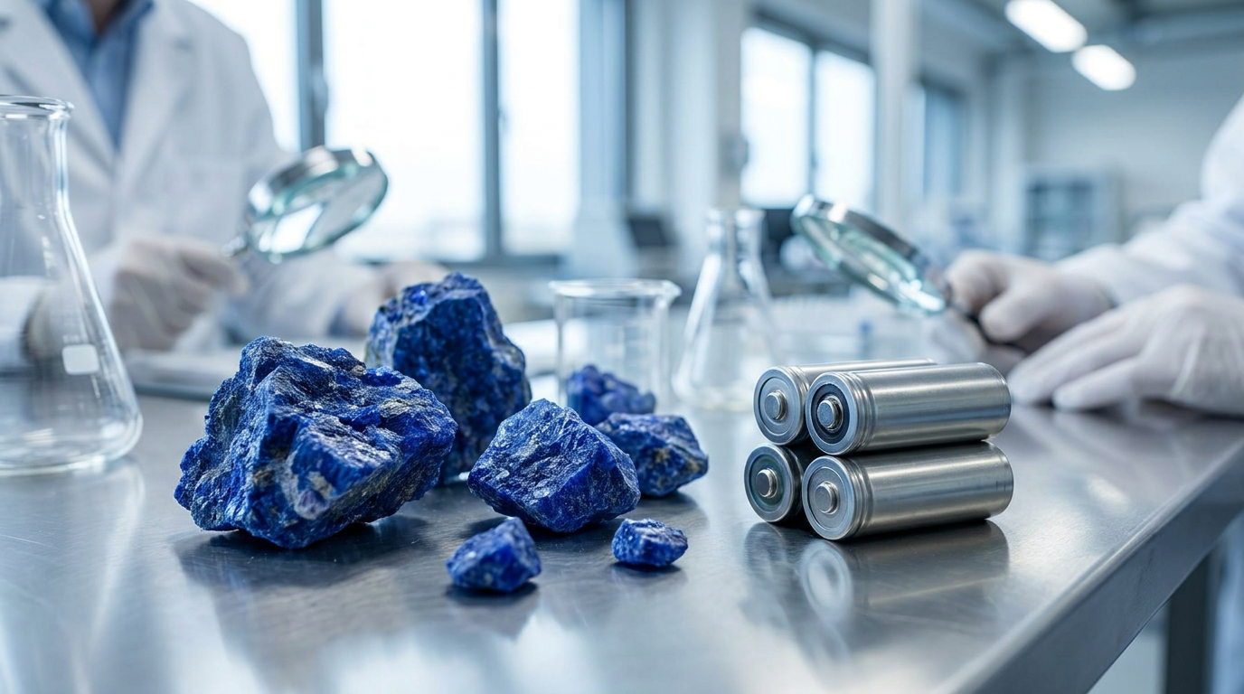 Amostras de minério de cobalto azul ao lado de células de bateria de veículo elétrico em laboratório industrial