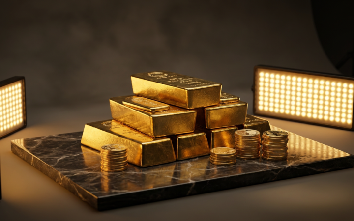 Barras e moedas de ouro físico empilhadas sobre mármore escuro, representando investimento em ouro físico