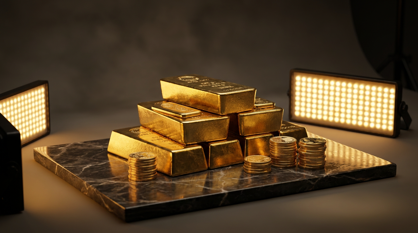 Barras e moedas de ouro físico empilhadas sobre mármore escuro, representando investimento em ouro físico