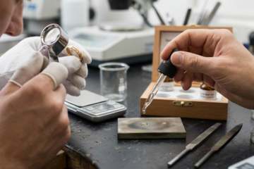 Pessoa realizando teste de ouro com kit de ácido e lupa, identificando ouro falso em casa