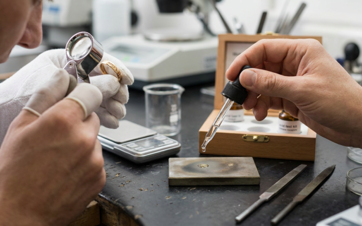 Pessoa realizando teste de ouro com kit de ácido e lupa, identificando ouro falso em casa