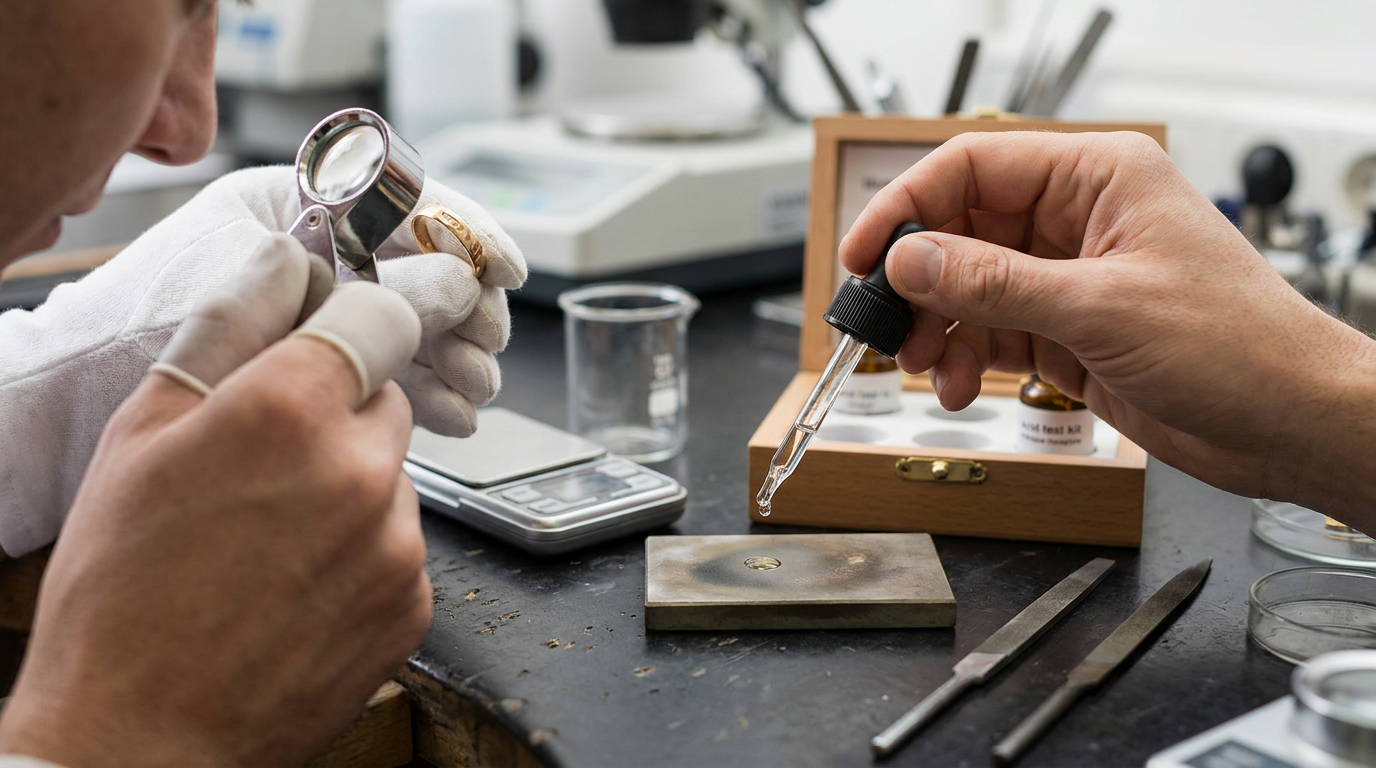 Pessoa realizando teste de ouro com kit de ácido e lupa, identificando ouro falso em casa