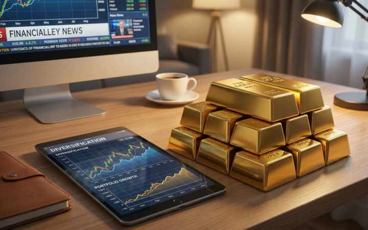 Barras de ouro ao lado de gráfico de portfólio de investimentos mostrando diversificação com ouro em mesa de trabalho moderna