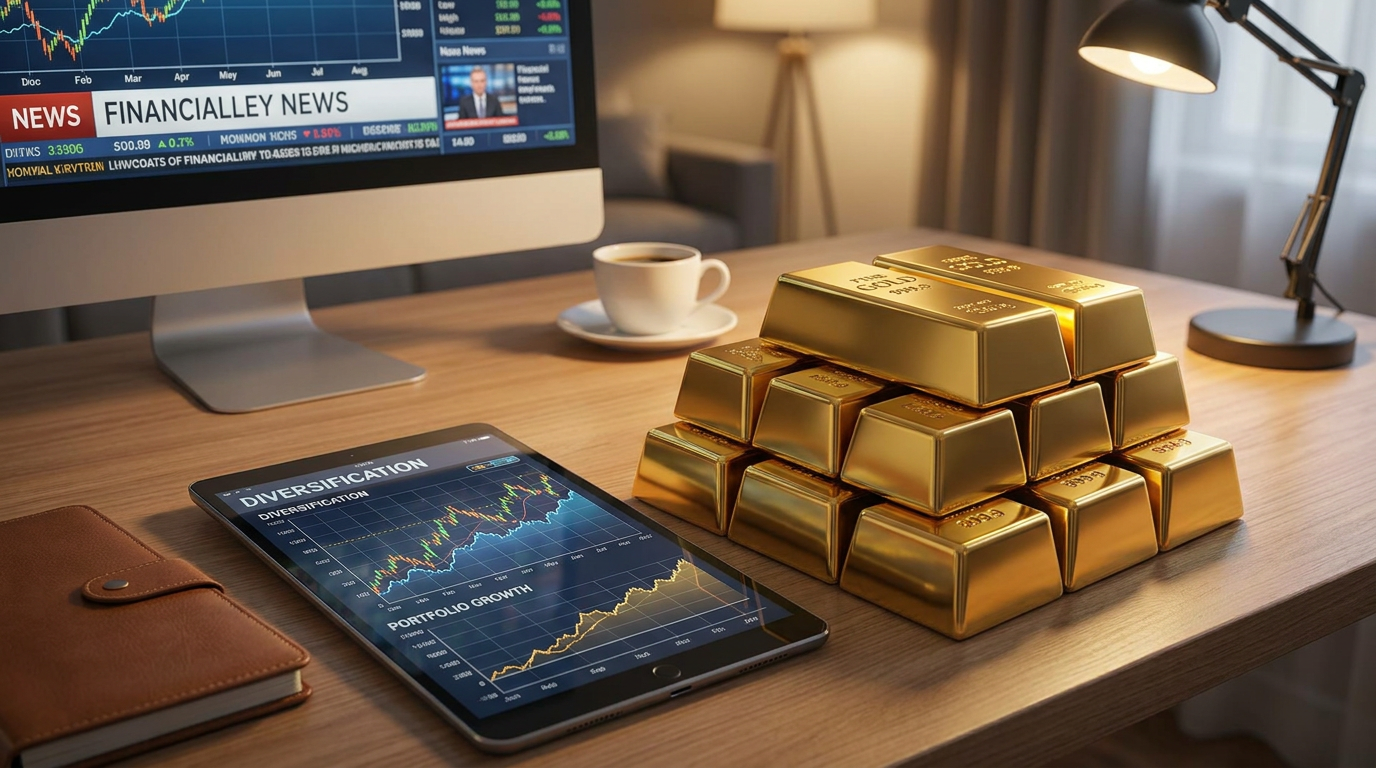 Barras de ouro ao lado de gráfico de portfólio de investimentos mostrando diversificação com ouro em mesa de trabalho moderna