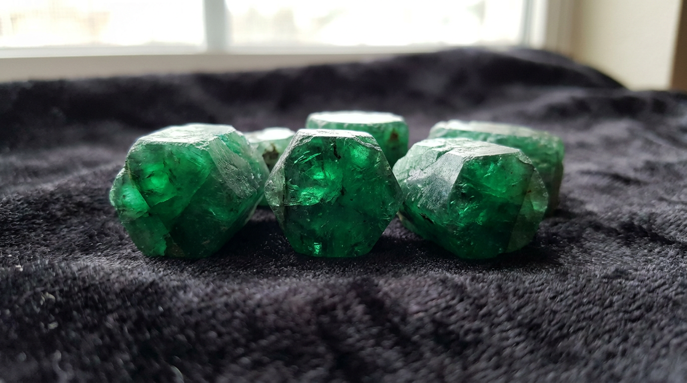 Cristais de esmeralda brasileira bruta verde intenso sobre veludo escuro com iluminação natural destacando as facetas