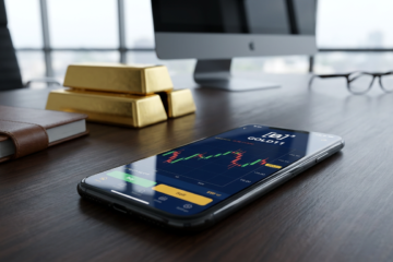 Smartphone com gráfico de ETF de ouro no Brasil com barras de ouro ao fundo em mesa de investidor
