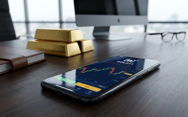 Smartphone com gráfico de ETF de ouro no Brasil com barras de ouro ao fundo em mesa de investidor