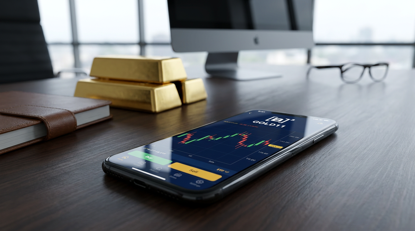 Smartphone com gráfico de ETF de ouro no Brasil com barras de ouro ao fundo em mesa de investidor